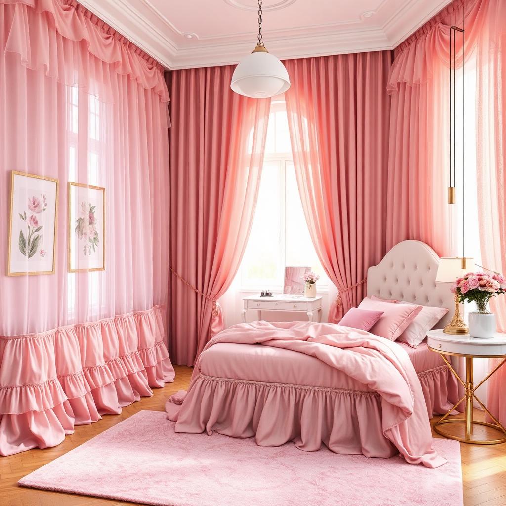 Toz Pembe Katmanlı Fırfır çocuk odası perdesi