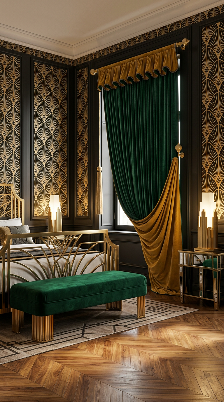 Art Deco Zümrüt yatak odası fon perdesi