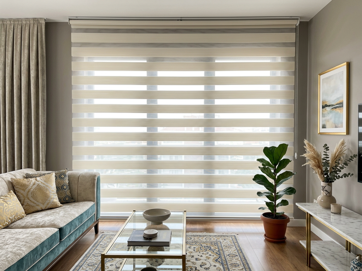 Art-Deco Altın zebra perde — Modern Salon