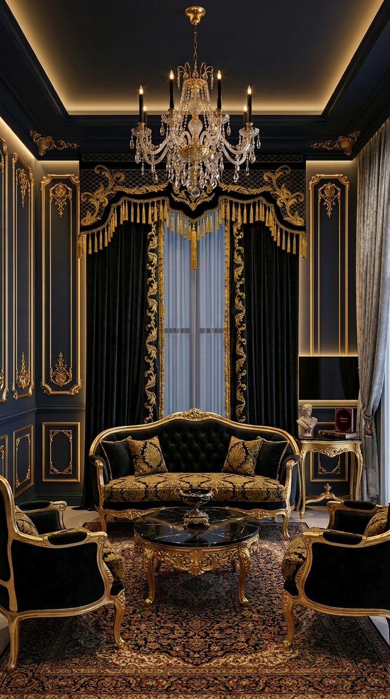 Siyah Altın Barok Fon salon perdesi