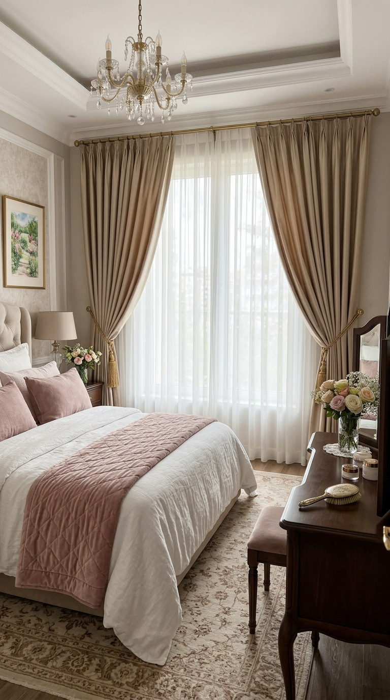 Romantik Pudra yatak odası fon perdesi